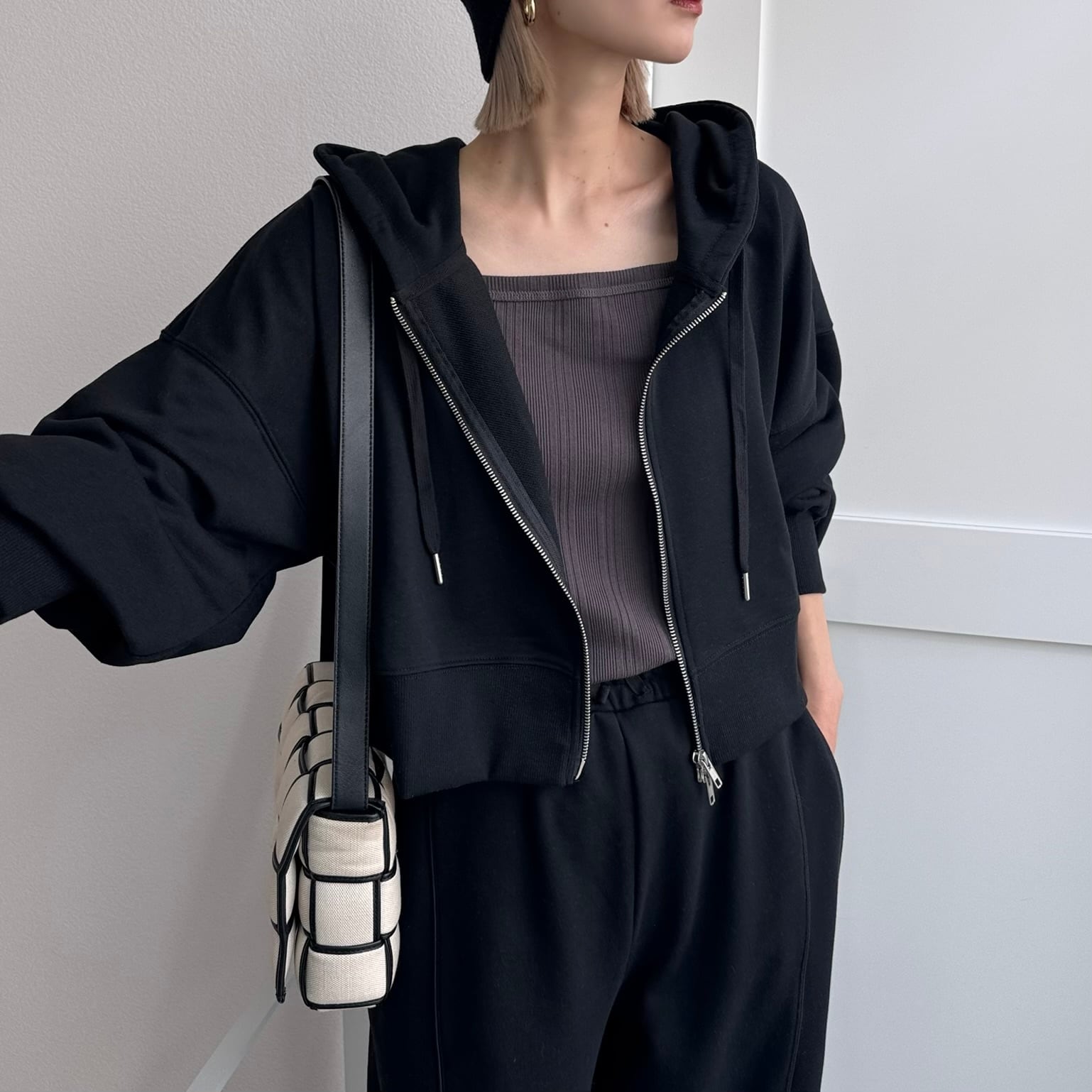 裏毛ダブルジップクロップドPK/ブラック | CFT.