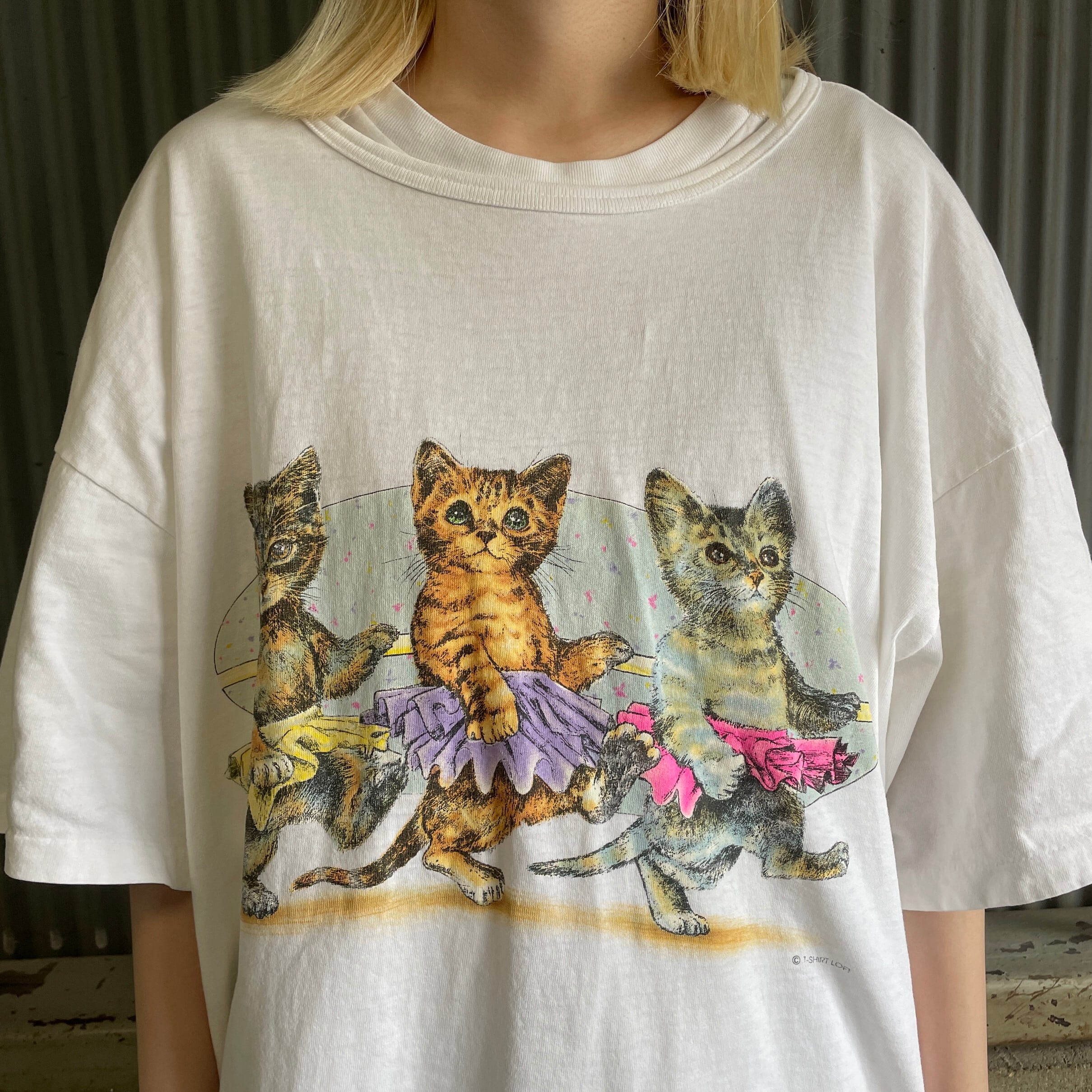 90年代 アート アニマル 猫 両面プリント ロング丈 Tシャツ ワンピース  