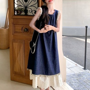 レースショルダー デニムロングワンピース A4309