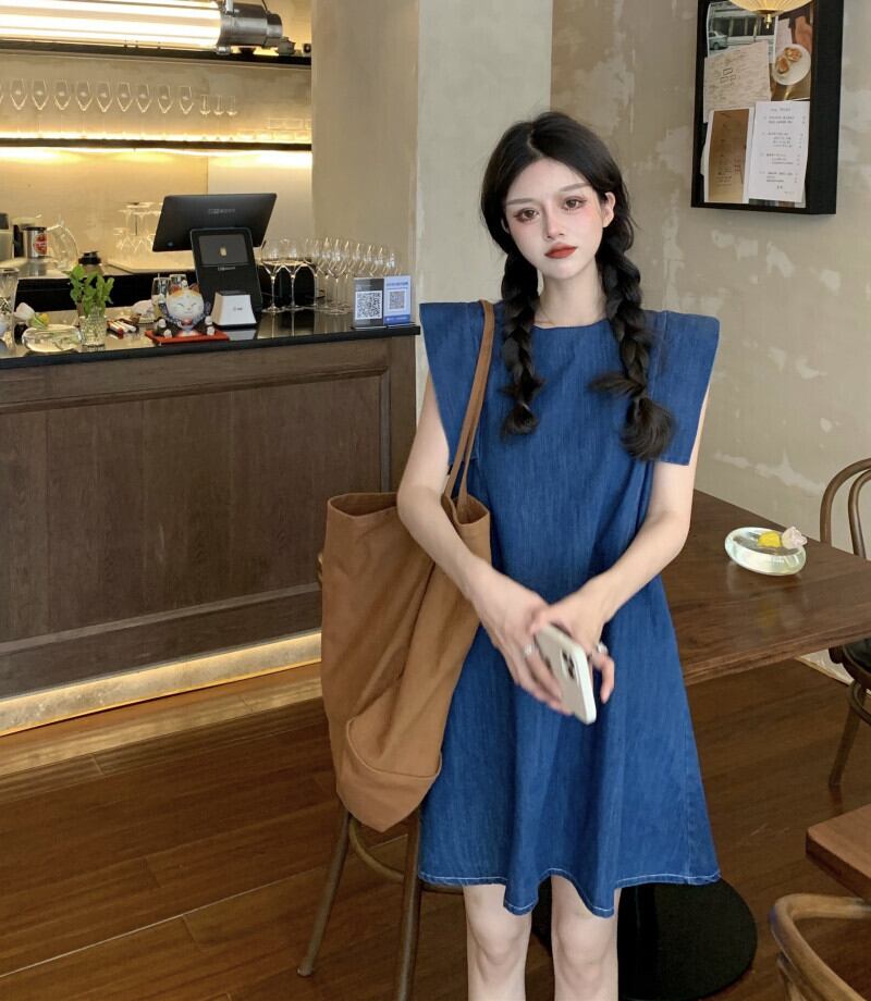 ドレス ブルーノースリーブショートスカート サマースタイル薄手 夏物 ブラックストロベリース55039923264