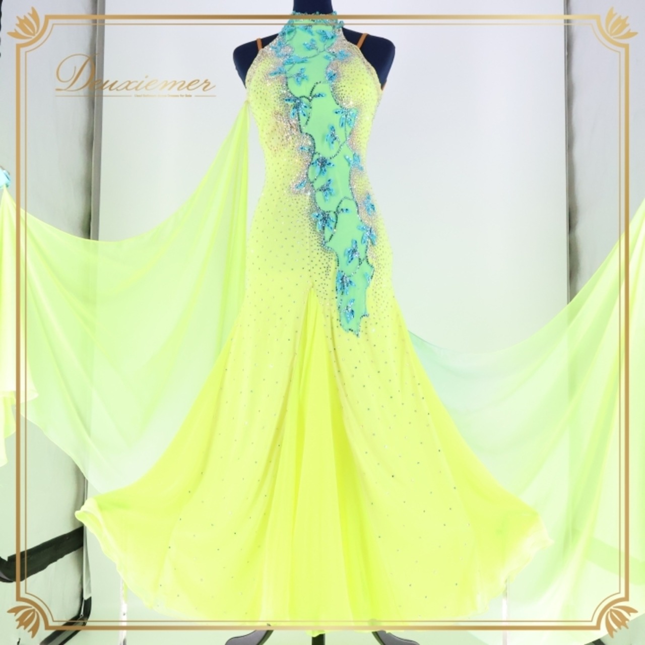 社交ダンス 衣装 エダスー edda hsu スタンダード ドレス スタンダードドレス ワンピース フロート デモ 蛍光 鮮やか 黄色 水色 青 グリーン系 イエロー系 競技 パーティ 発表会 フロア用 コスチューム  ダンス発表会 ダンス衣装 競技用ドレス キラキラ 豪華装飾 女性用ドレス パフォーマンス衣装 明るい色