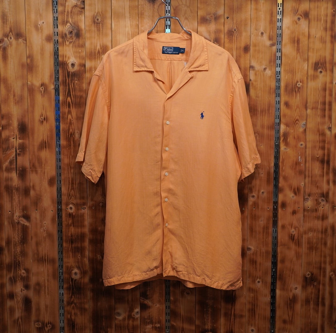 ralphlauren リネン シルク ヘリンボーン 開襟シャツ XL/ラルフローレン オレンジ オープンカラーシャツ