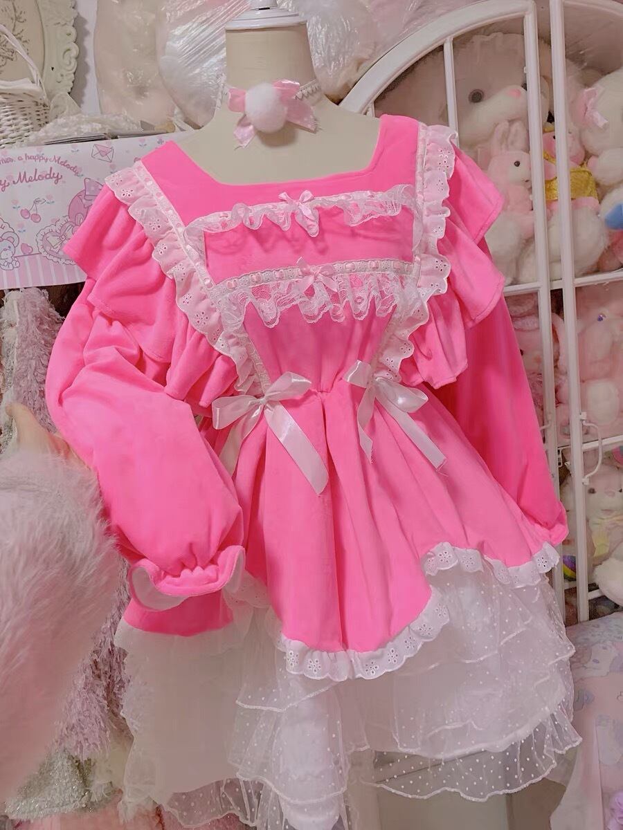 ネオンカラー コスプレ ピンク 蛍光 ワンピース 姫 原宿 ガーリー