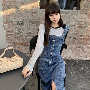【韓国通販 dgo】retro denim strap long skirt（A0395）