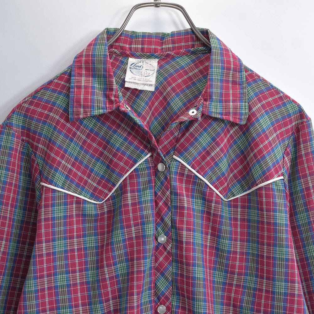 70~80s USA製 Land-N-Lakesヨーク 切替 パイピング デザイン チェックウエスタンシャツ 長袖 レッド 赤 マルチカラー ヴィンテージ ビンテージ USA アメリカ古着 レディースM相当