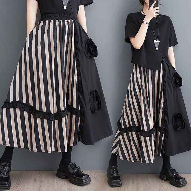 FLORAL APPLIQUED STRIPED RUFFLED A-LINE SKIRT M-17780
