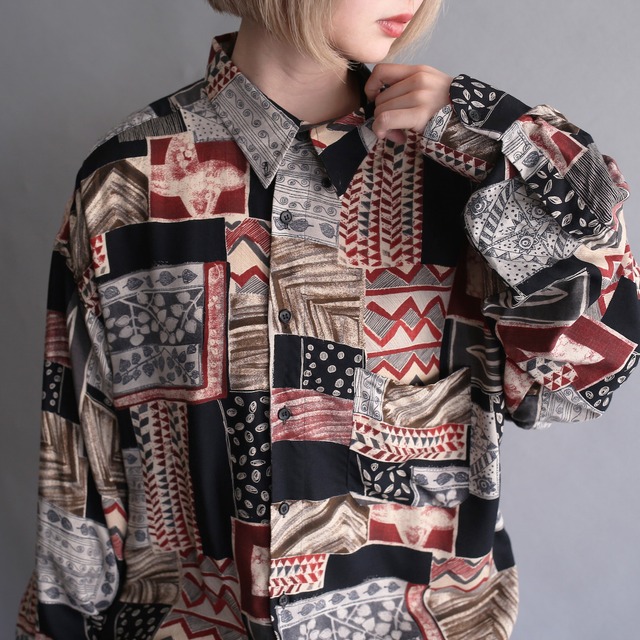 dark tone panel art pattern loose rayon shirt