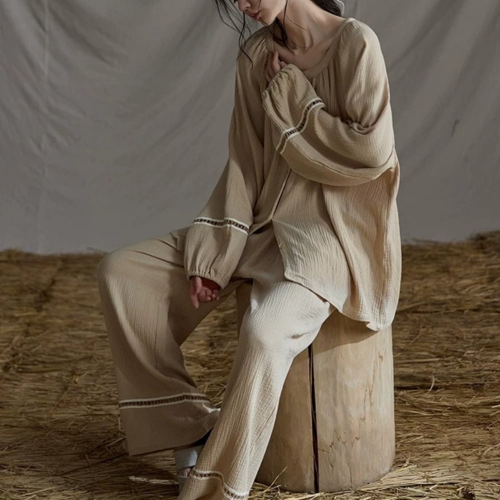 【M-XL】cotton100% brown cardigan style pajamas p1712
