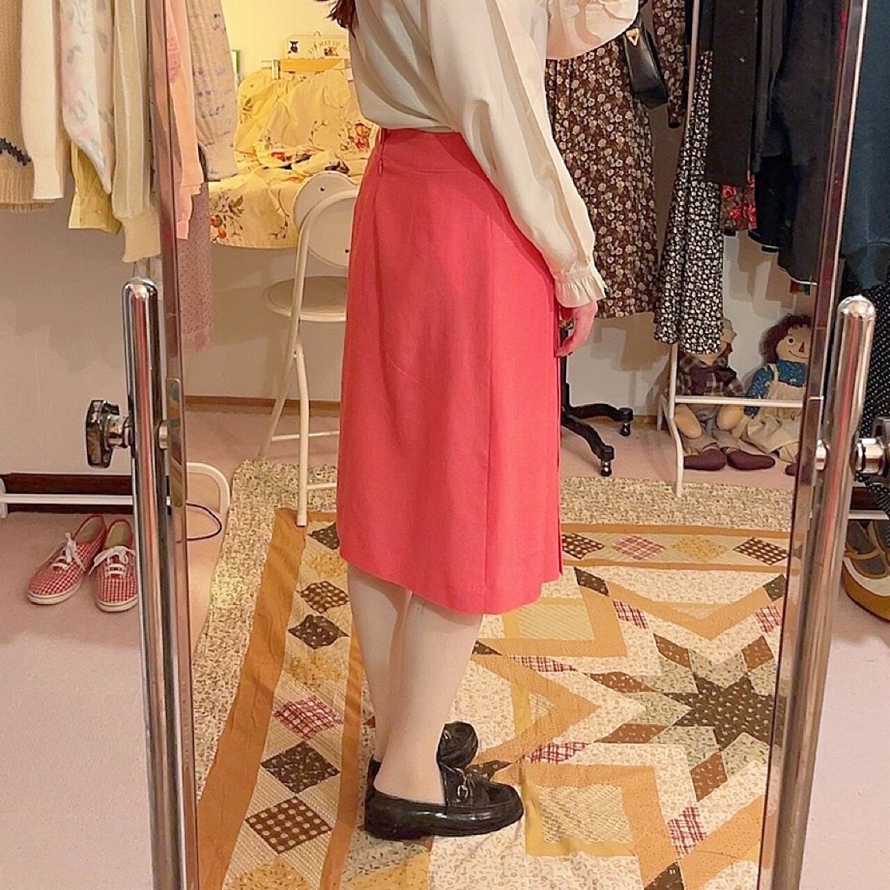 vivid pink white stitch tuck skirt