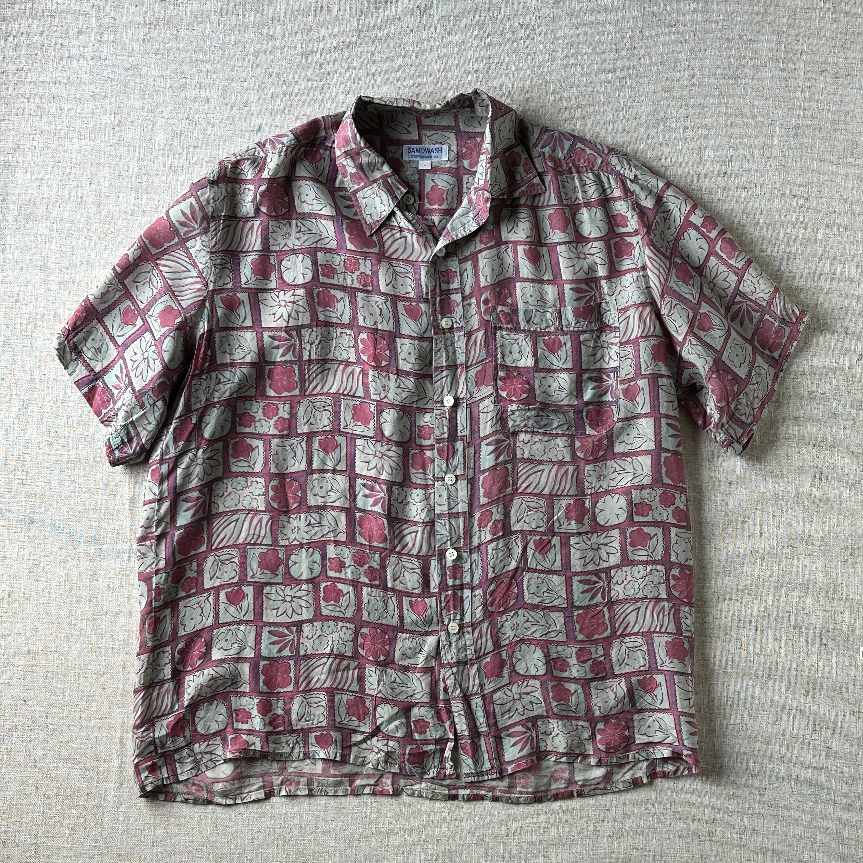90s SANDWASH Washable Silk Shirt,Unisex L