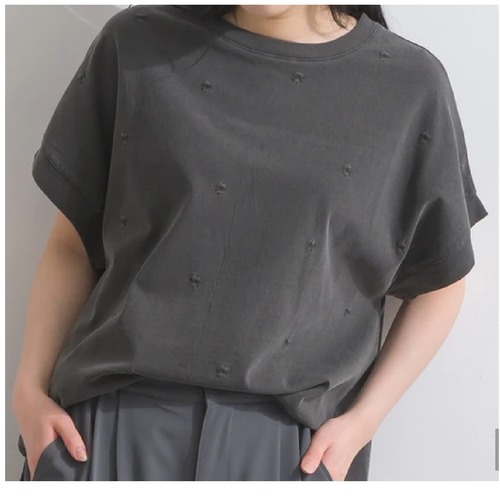 SALE！ピグメント天竺 小花刺繍 フレンチ Tシャツ/F/チャコール