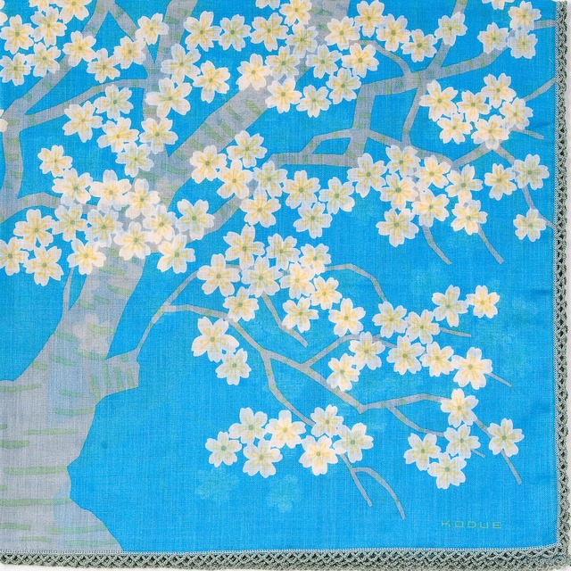 ひびのこづえ 大判ハンカチ 桜の森の満開の下 / ブルー レース付き 刺繍入り 58x58cm KH19-04