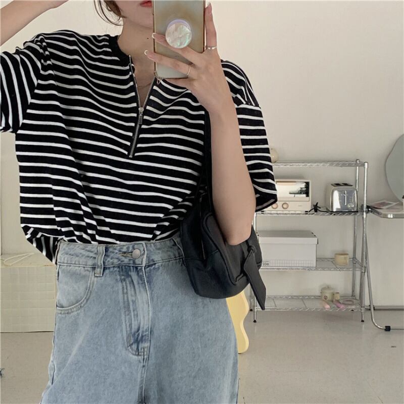 ルーズジッパーストライプTシャツ レディースサマーブラックスタイルトップス 夏物 ブラックストロベリース9204755714