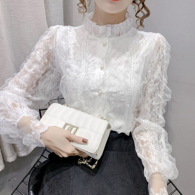 2色／フリルハイネックレースブラウス ・78768