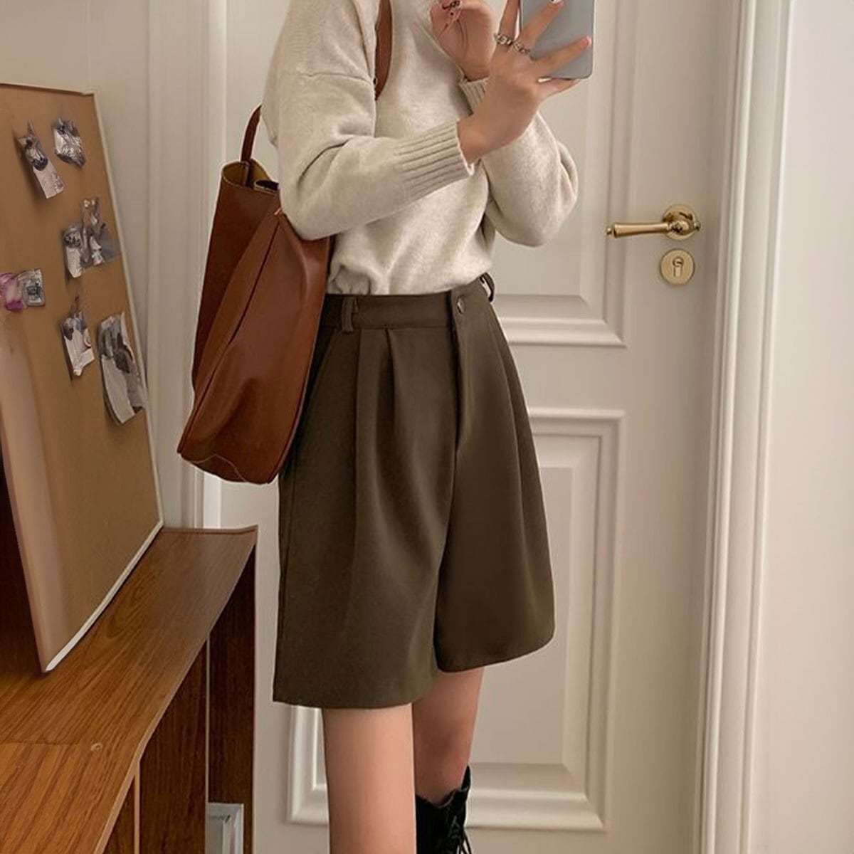 ウール風 タック ショートパンツ レディース 秋冬 韓国 きれいめ 大人 通勤 ビジネス オフィス カジュアル OL スラックス ゆったり 体型カバー 大人可愛い 大人女子