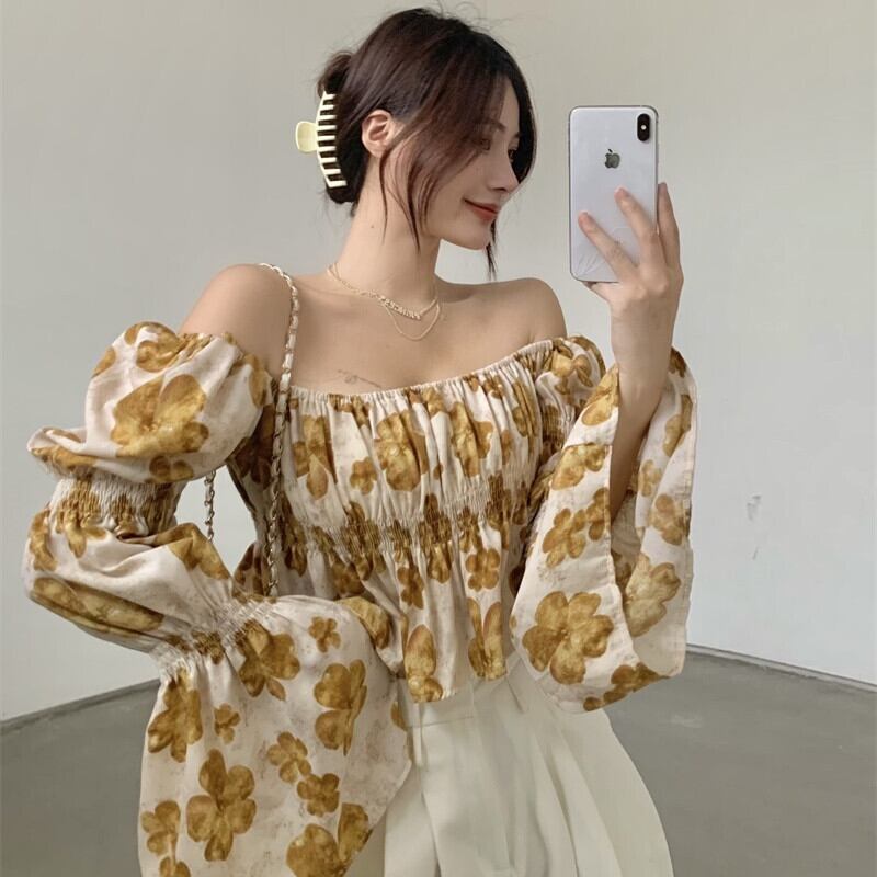 フローラルシャツ オータムスタンダードカラーブラウス 薄手ショート レトロ 秋物 花柄 スクウェア ガールズファッション29325463196