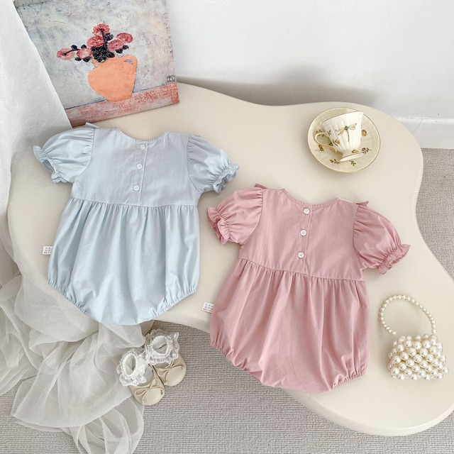 【BABY】リボンフリルパフスリーブ半袖ロンパース - 10
