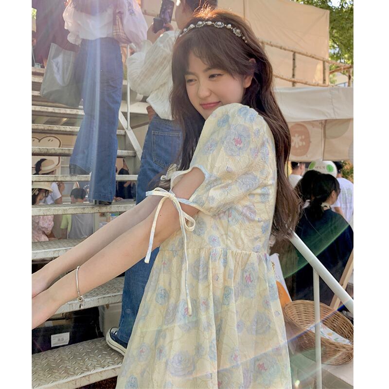 Flowerデザイン レーススリーブドレス 薄手サマースカート 大人ガーリー スウィート キュート カジュアル 夏物 フラワーデザイン 萌量不足62192777198