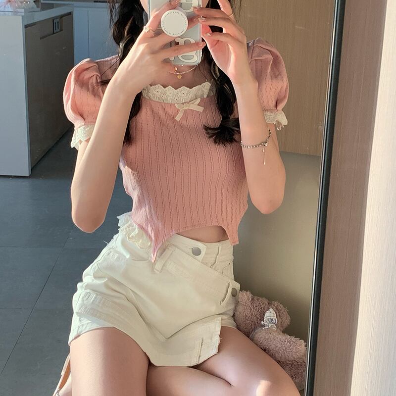 Tシャツ サマーリボンショートレーススリーブトップス ピンク 夏物 ブラックストロベリース21333874663