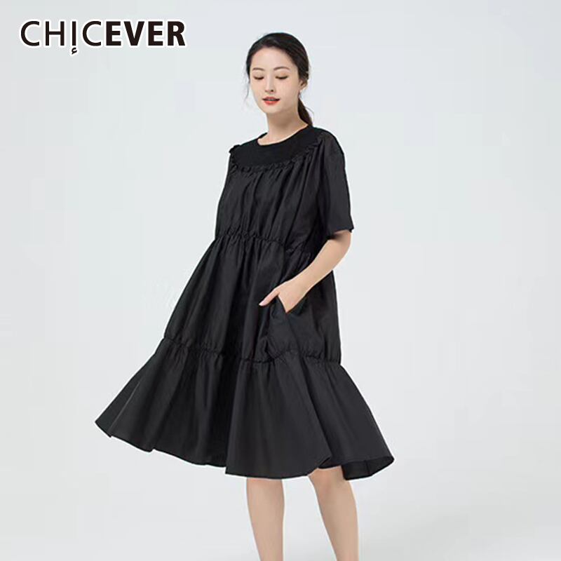 CHICEVERレディースドレスOネック半袖パッチワークシャーリングフリーサイズドレス2020年夏の服 ショート ハーフスリーブ サマー 夏物 6base580347989032