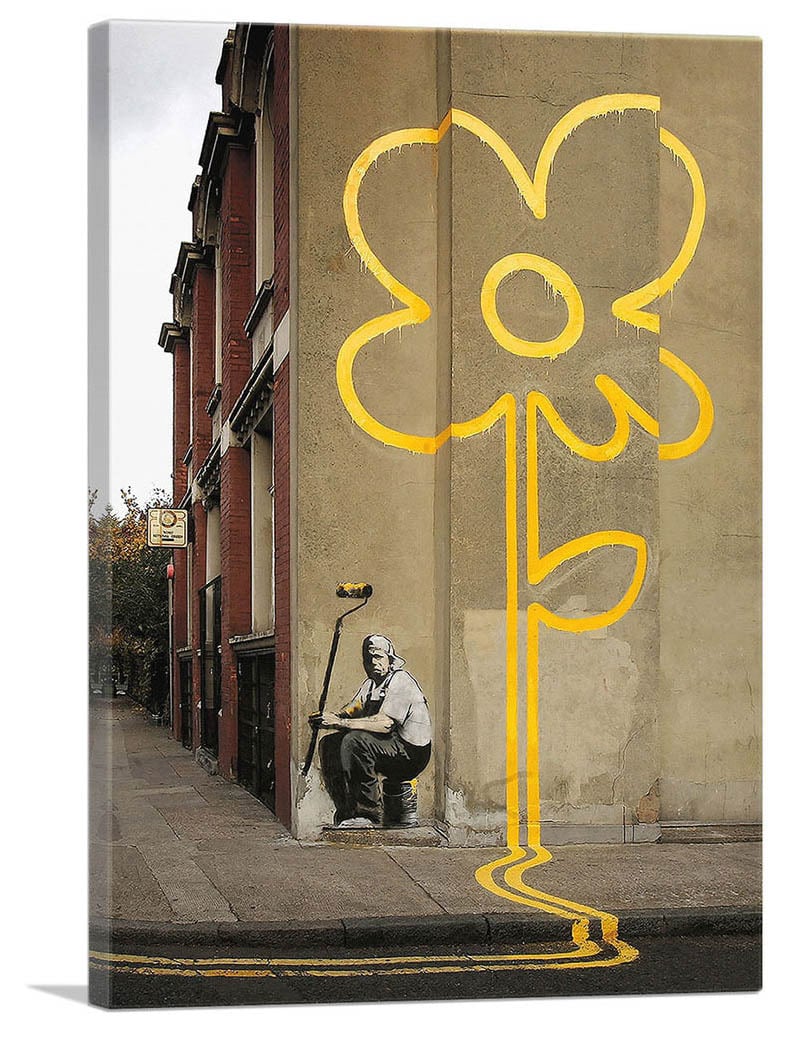 バンクシー「イエロー ラインズ フラワー/Yellow Lines Flower」展示用フック付きキャンバスジークレ