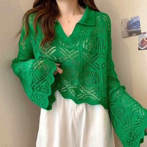 透かし編み ニット レディース 韓国 トップス 春夏秋 重ね着 おしゃれ きれいめ 大人 かわいい カジュアル ゆったり ベルスリーブ 透け感 長袖 大人可愛い 大人女子