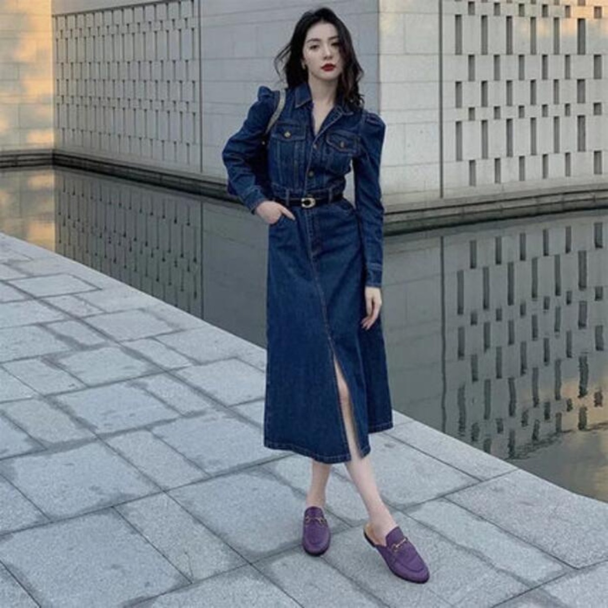 デニム ワンピース ロングワンピ 袖あり ミモレ丈 ハイウエスト 
