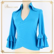 フラメンコ 衣装 トップス ブラウス ブルー系 イチオク 無地 シンプル 練習 レッスン 伸縮 ストレッチ 水色 ICHIOKU フリル ボランテ 長袖 鮮やか 華やか 襟 上品 かわいい イベント ステージ ダンス衣装