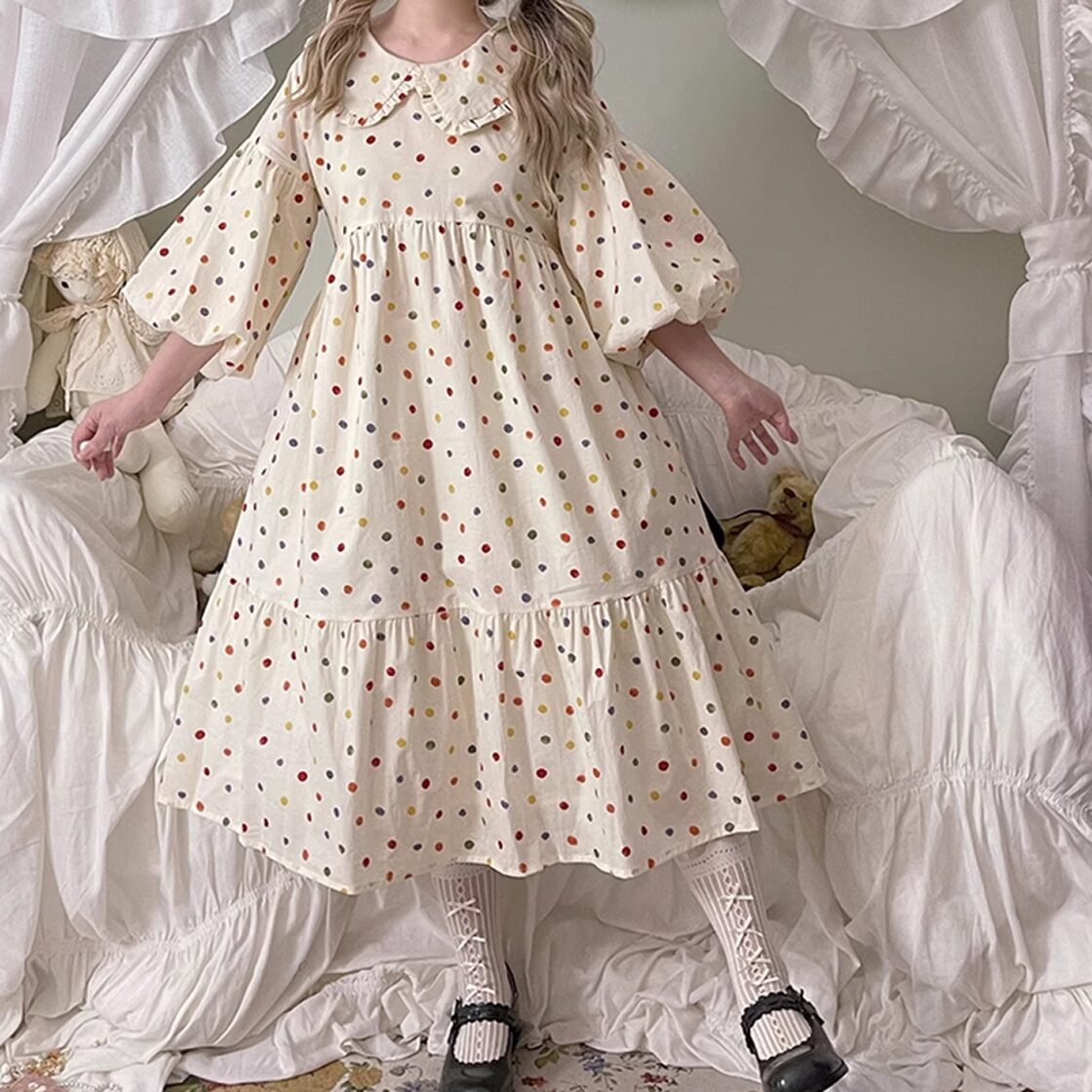 レディース 半端袖 水玉 ドット柄 ロリータ ワンピース レトロ  