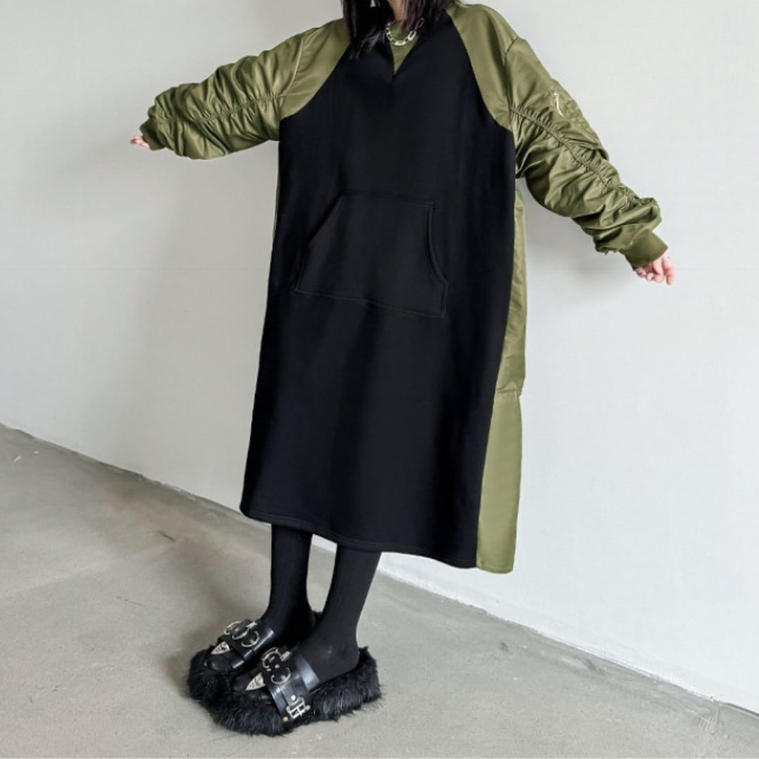 袖切り替えツートンルーズロングワンピース ON0563