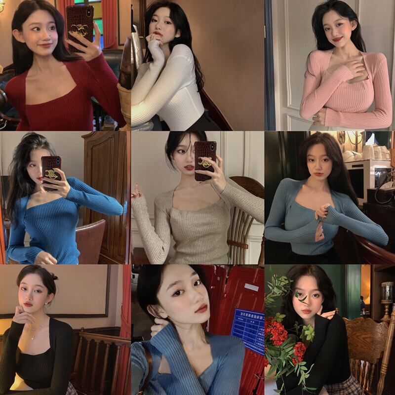 スリムニットセーター オータムシャツ 秋物 ピュア スクウェア ガールズファッション32456247517