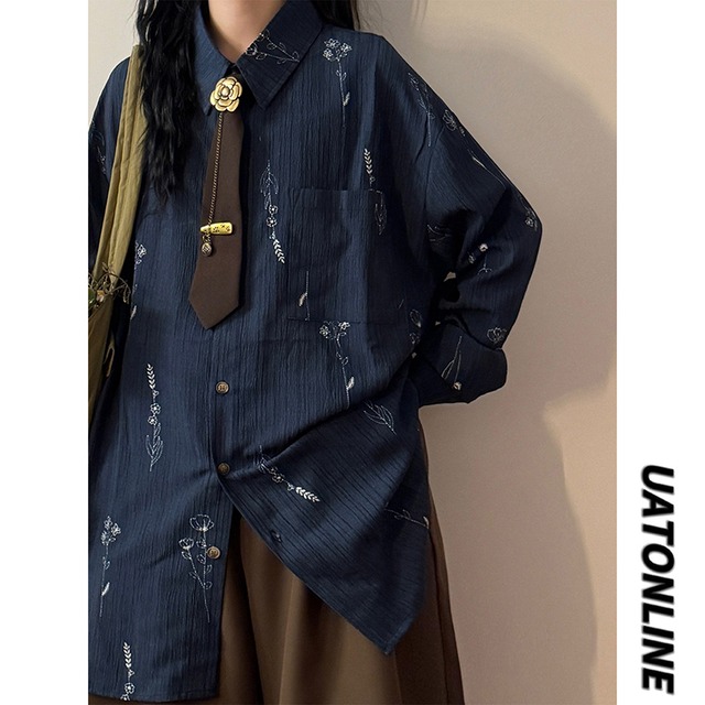 【UATONLINEシリーズ】★シャツ★ 刺繍 2color ネクタイ付き トップス ユニセックス 長袖 レトロ