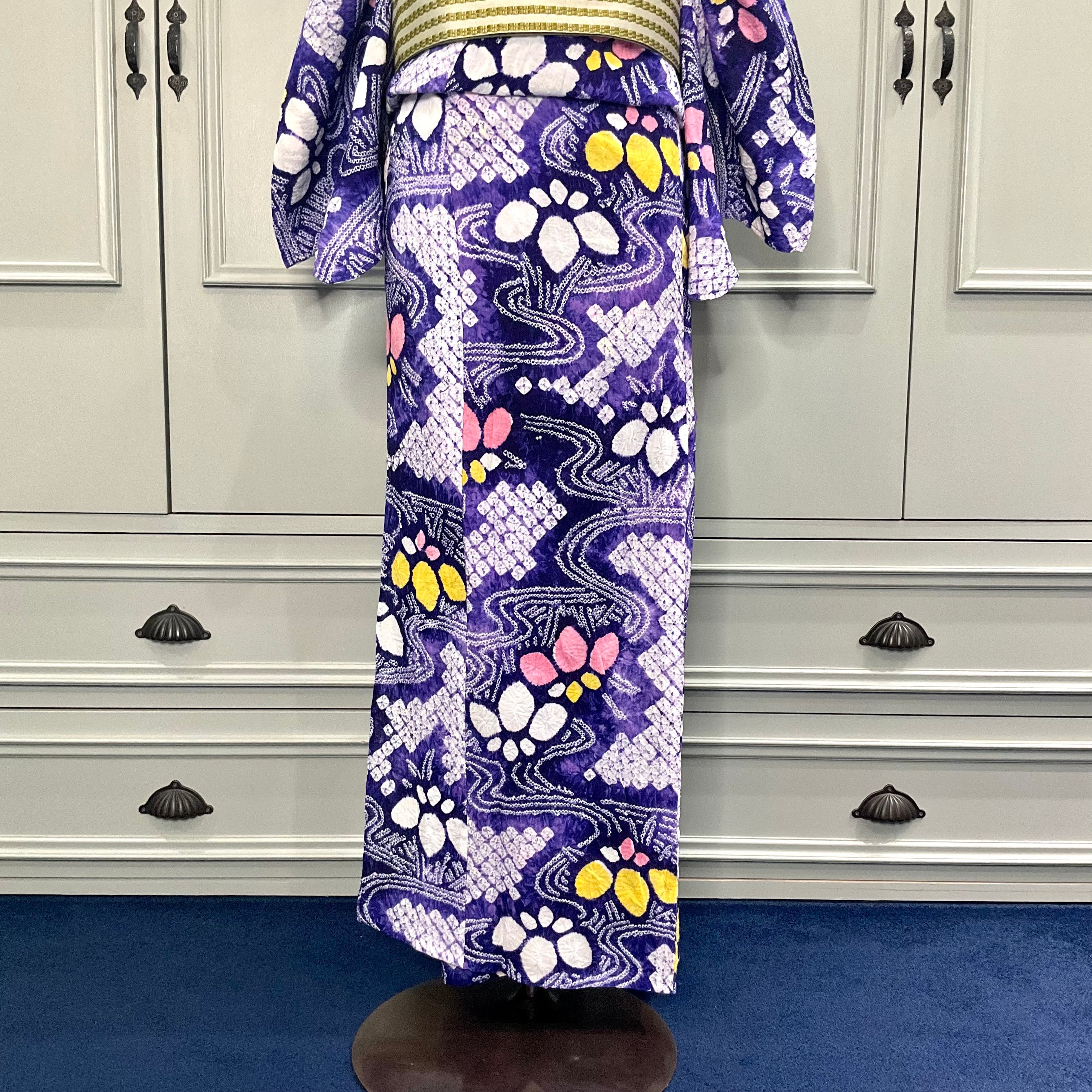 long＊Retro Iris＊花 あやめ 紫 有松鳴海絞り浴衣 B654 | kimono tento