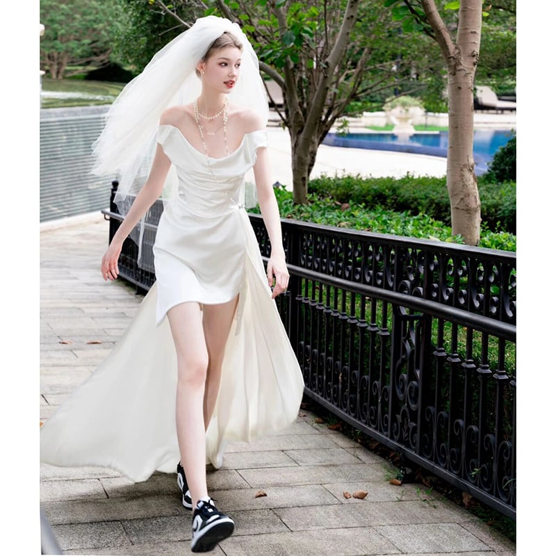 ミモレ丈ドレス ウェディングドレス 結婚式 白ワンピース 二次会 花嫁