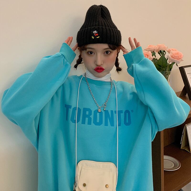 ブルーラウンドネックセーター レディーススプリングオータムルーズスタイルトップス ロング 春物 秋物 Oネック 萌量不足50315789527