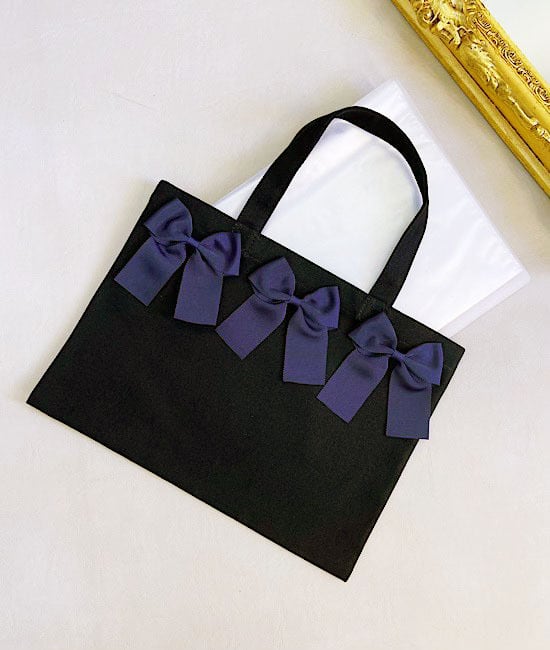 CLOSE SALE★bg0281- 【A4対応】キャンバストートM:ブラック《リボン3Pラインデザイン》《リボン》