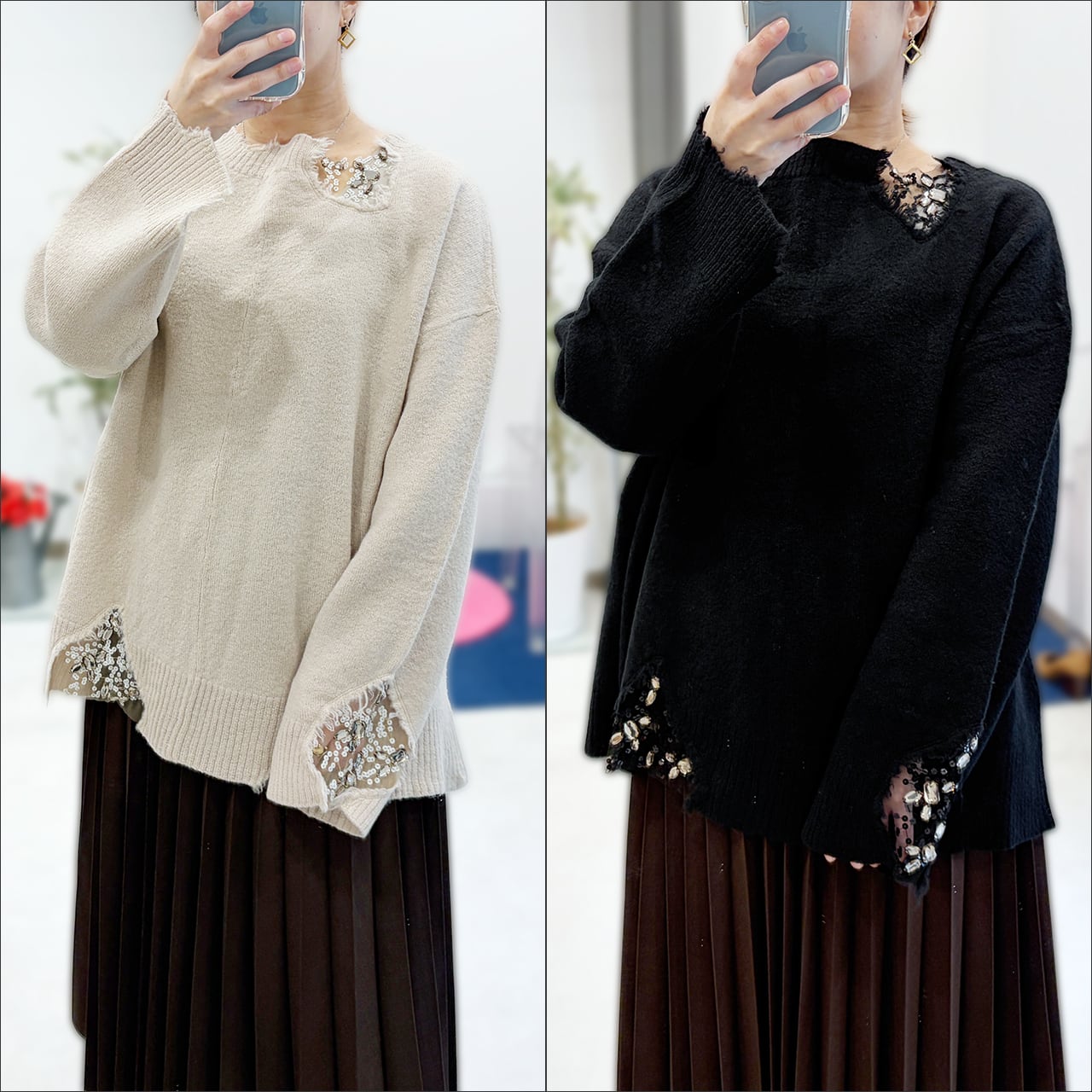 EZUMi デストロイニット(アイボリー/ブラック) Destroy Boat Neck Knit Sweater