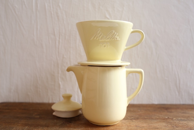 ドイツ ヴィンテージ Melitta 陶器製 ドリッパー&ポットセット 1～2人用 黄色 N-01348