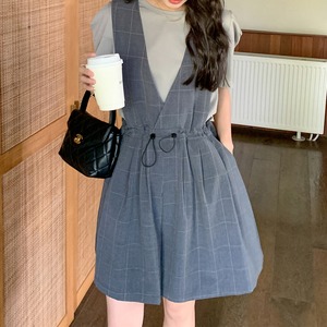 T-shirt & grey check overalls dress set S1299