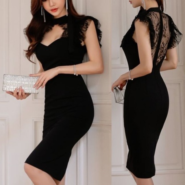 ワンピース❤韓国ドレス　首元胸元セクシー可愛いバックオープン花柄レースのブラックタイトドレス hdfks962351
