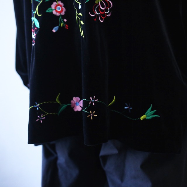 "花×鳥" 刺繍 full pattern over silhouette special velours shirt