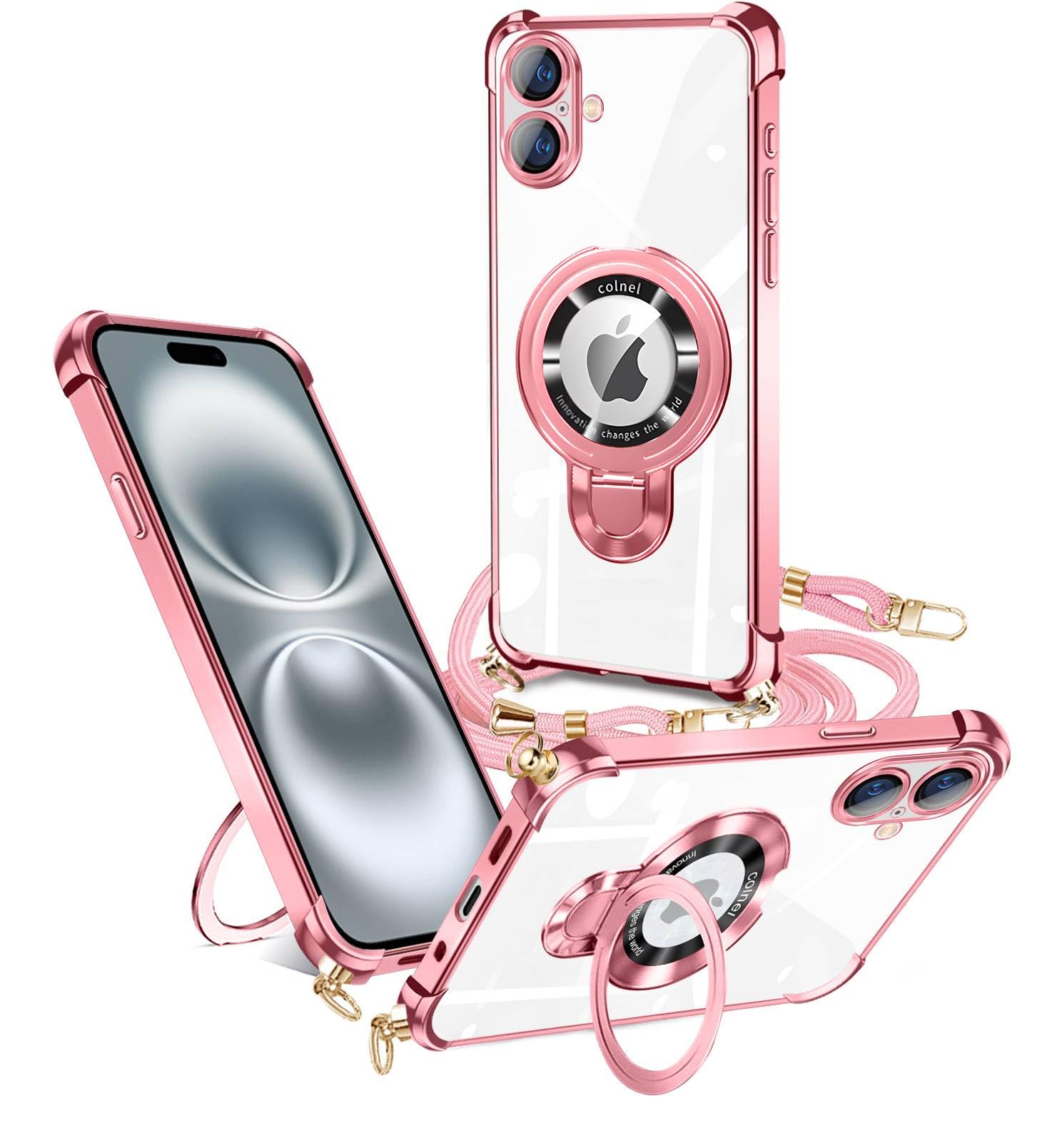 weiaoluo iPhone 16 ケース クリア ネック リング付き ショルダー MagSafe対応 アイフォン16 ケース 耐衝撃 iPhone16 携帯カバーバンパー tpu 軽薄型 120度回転 マグネット搭載 多機能 ストラップホール付き 衝撃吸収 首かけ 斜めがけ ショルダーストラップ 携帯ストラップ 肩掛け 車載ホルダー対応 スタンド機能 落下防止(ローズゴールド)