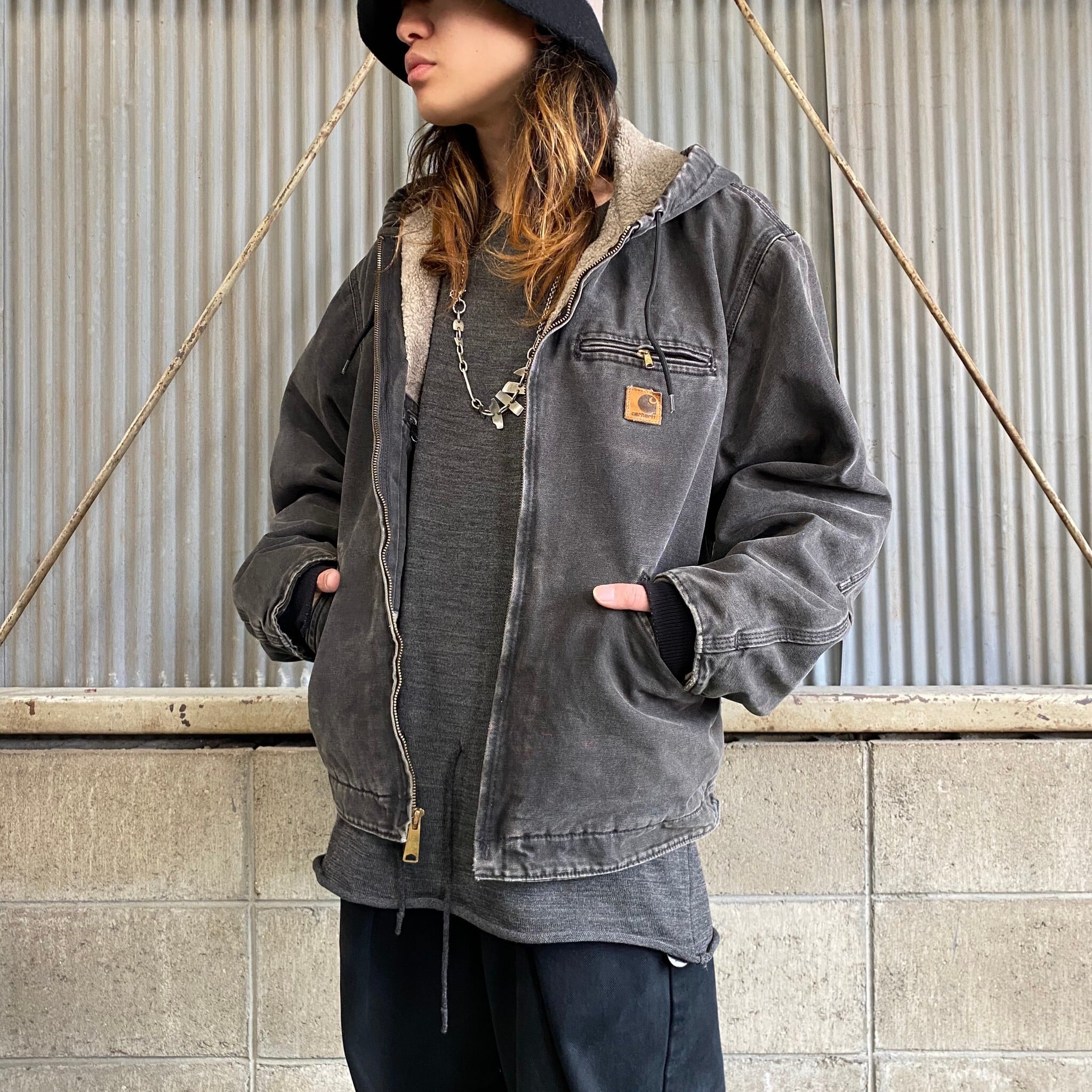 Carhartt カーハート フード付き デトロイトジャケット メンズL 古着 ワークジャケット フルジップパーカー ダック地 ボアライナー ブラック  黒 【ワークジャケット】 | cave 古着屋【公式】古着通販サイト