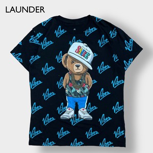【LAUNDER】クマ vibes ロゴ 総柄 オールパターン アニマルプリント Tシャツ XL ビッグサイズ 黒T 半袖 夏物 US古着