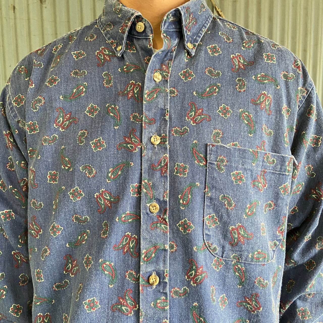 USA製 長袖 総柄 ペイズリー柄 ボタンダウンシャツ メンズM 古着