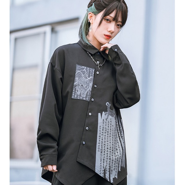 サブカル系地雷 デザインシャツ レトロ 中華風 漢字プリント柄 アラサーファッション 古怪舍　