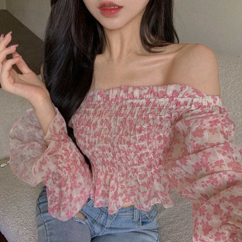 シフォンシャツ ショートフローラルサマー薄手 ロング ピンク 夏物 花柄 ブラックストロベリース44508340421