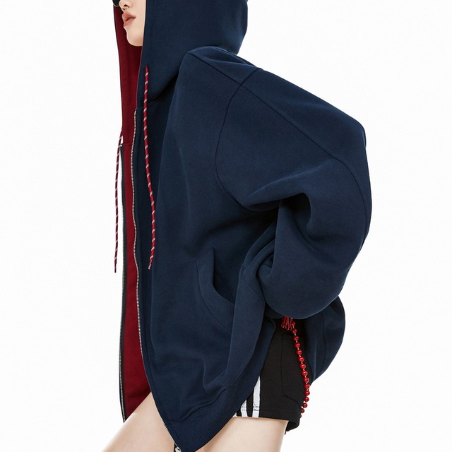 【即納】color string sweat zip-up hoodie　カラーストリングスウェットジップアップフーディー　J1786　ネイビー×レッド XL