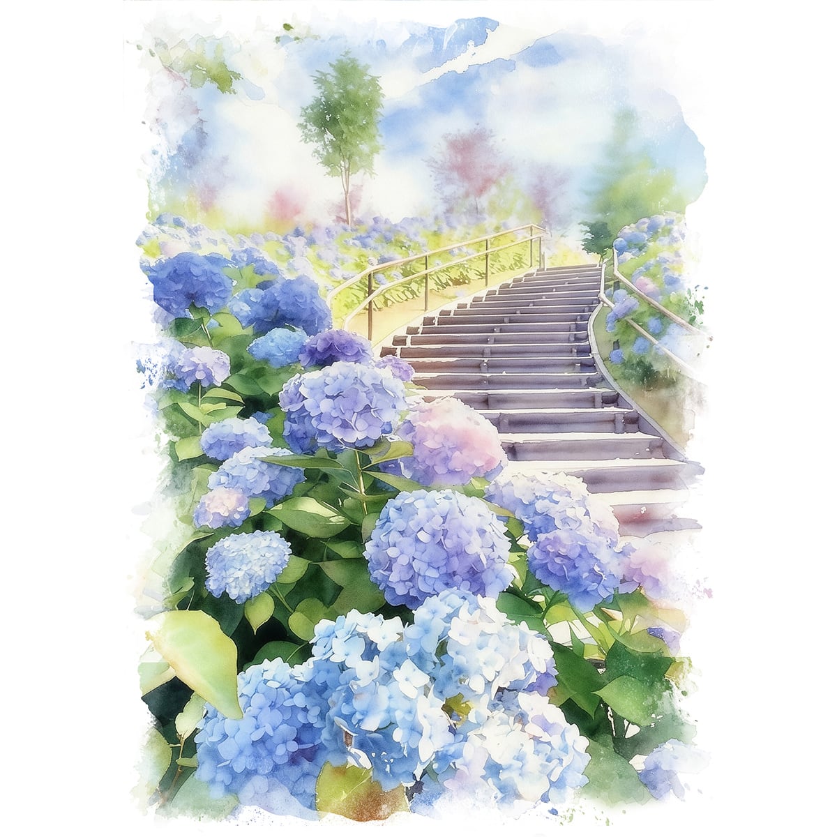 絵画 紫陽花のある庭 インテリアアート額付き 水彩画・油絵調 WAT0632