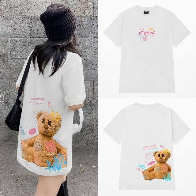 ユニセックス Tシャツ 半袖 つぎはぎクマちゃん ベアー バックプリント オーバーサイズ カジュアル 韓国ファッション メンズ レディース ストリート系ファッション TBN-672139110875